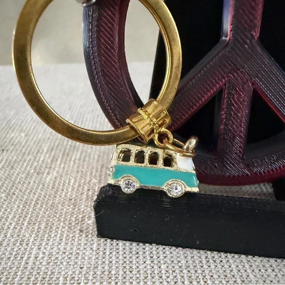 Turquoise Enamel Bus Keychain with Gold Charm